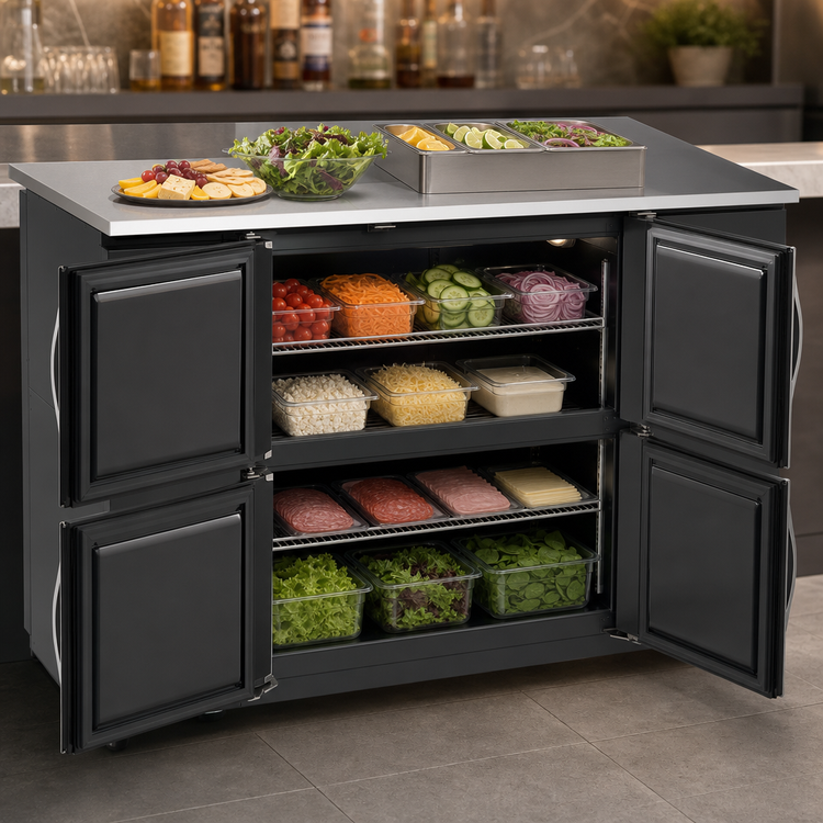 Product image #4 for Beverage-Air 48-Inch Two-Section Pass-Thru Open Food-Rated Back Bar Refrigerator, 4 Solid Doors, Black