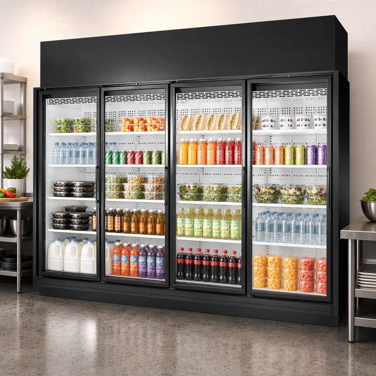 Product image #4 for True 4-Section Glass Door Refrigerated Merchandiser, Medium Temp, Self-Contained, Black Exterior/White Interior