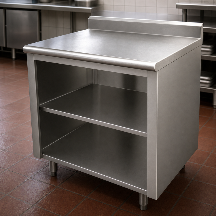 Product image #4 for Advance Tabco 36" x 24" Stainless Steel Open Front Cabinet Base Work Table with 5" Backsplash and Fixed Mid-Shelf