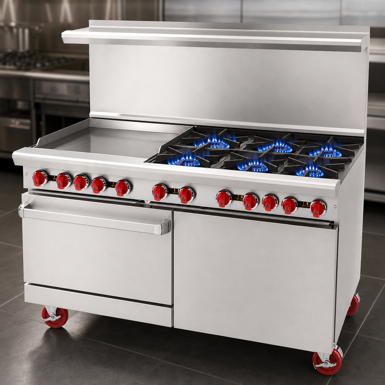 Product image #4 for American Range 60-Inch Gas Restaurant Range with 36-Inch Left Griddle, 4 Open Burners, Left Convection Oven, and Right Storage Base