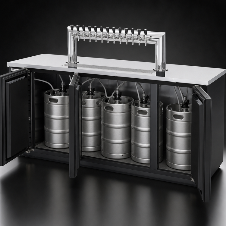 Product image #4 for Beverage-Air 94-Inch 3-Door Direct Draw Beer Dispenser with 12-Tap Tower, 5 Half-Barrel Keg Capacity