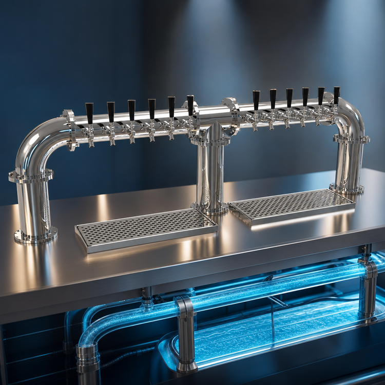 Product image #4 for Glastender Pipe Bridge Countertop Draft Dispensing Tower, 12 Faucets, Glycol-Cooled, Mirror Finish