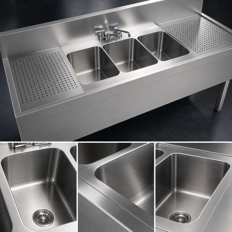 Product image #4 for Glastender TSB-72-S 72-Inch Underbar Three-Compartment Stainless Steel Sink with Left and Right Drainboards
