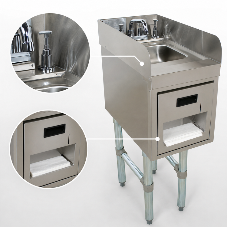 Product image #4 for Advance Tabco Underbar Basics Freestanding Stainless Steel Hand Sink with Soap/Towel Dispensers and Side Splashes, 12" x 21"