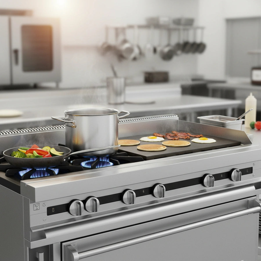 This image showcases the range's versatile cooktop, featuring two powerful open burners and a wide 24-inch plancha for diverse cooking needs.