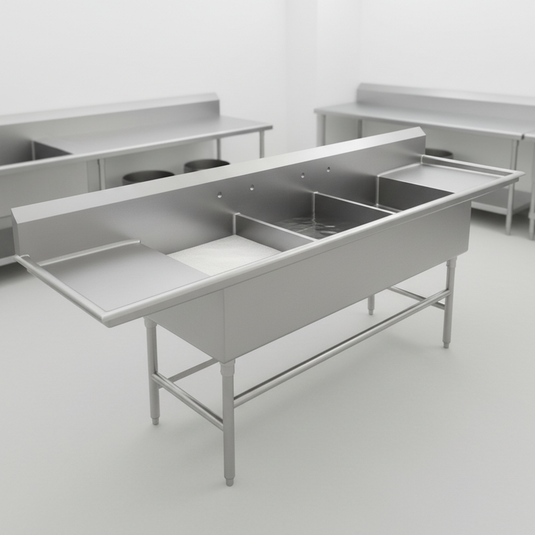 Product image #3 for Spec-Master FFN2760-3-24-14/3 Three-Compartment Flush Front Stainless Steel Sink with Left & Right Drainboards