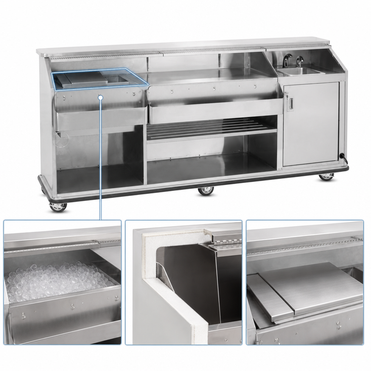 Product image #3 for FWE Weather-All 8-Foot Stainless Steel Mobile Bar with Hand Sink and 60 lb Ice Bin