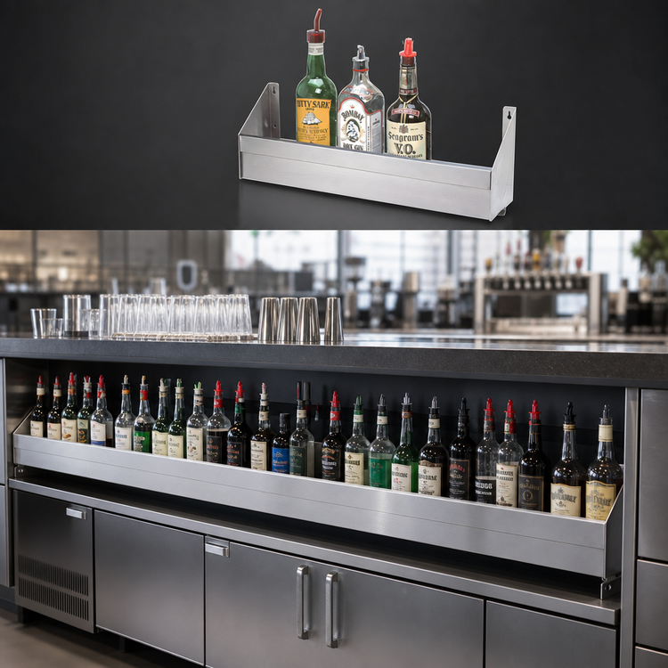 Product image #4 for Advance Tabco Underbar Basics Single-Tier Stainless Steel Speed Rail, 96 Inch, 27-28 Bottle Capacity