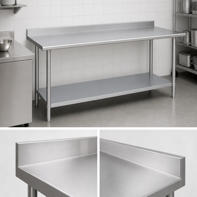 Product image #4 for Duke 108-Inch x 30-Inch Stainless Steel Work Table with 1-1/8-Inch Straight Riser and Galvanized Undershelf