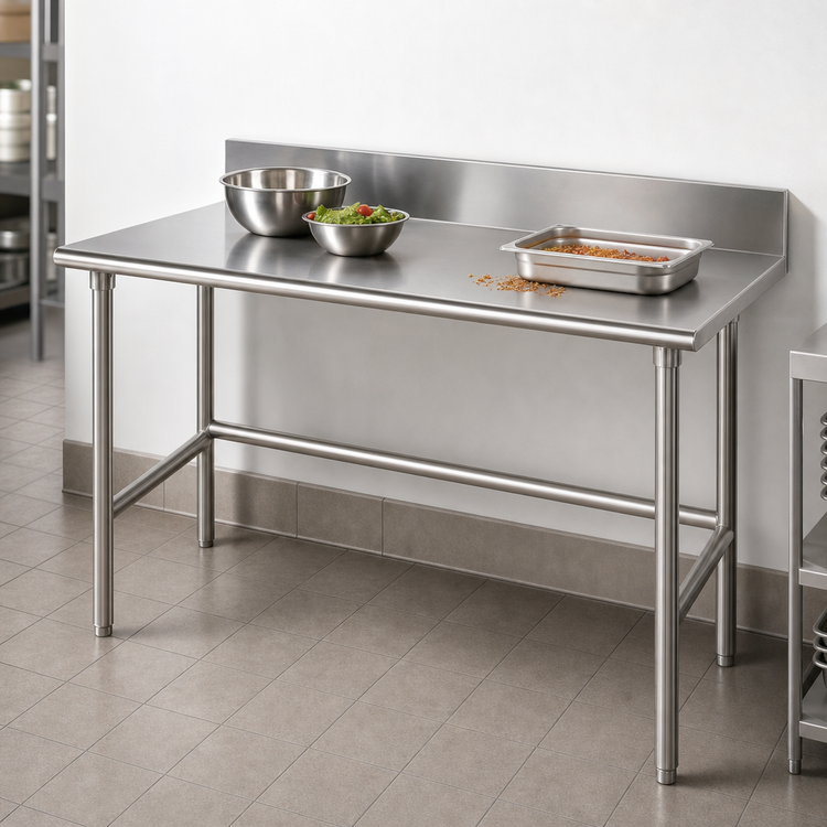 Product image #4 for Advance Tabco 84 Inches x 36 Inches 16 Gauge 430 Stainless Steel Work Table with 5-Inch Backsplash and Open Crossrail Base