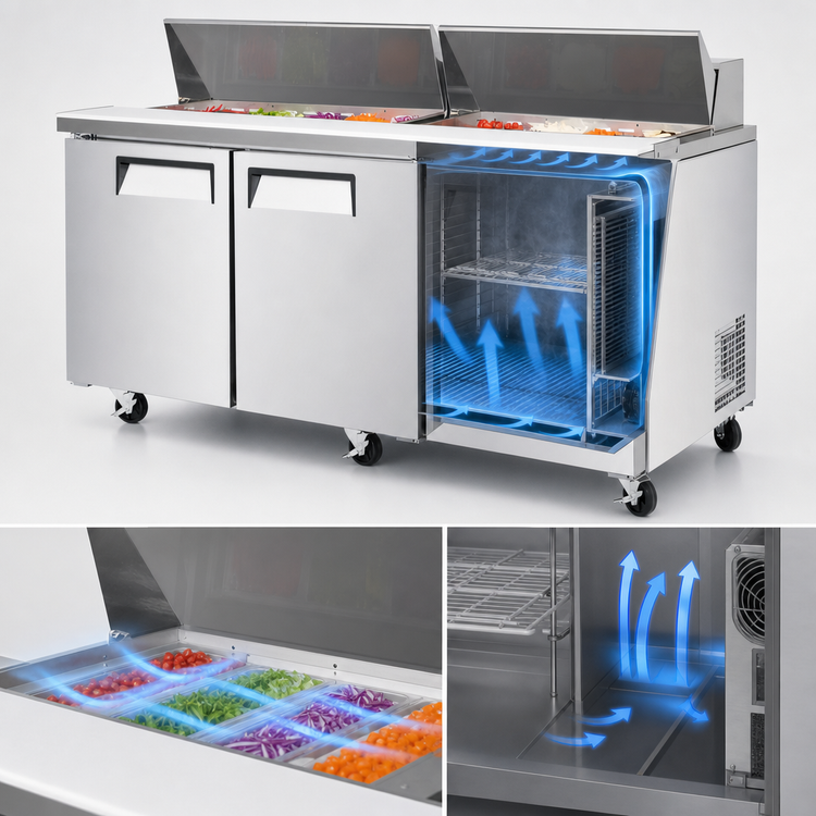 Product image #4 for Turbo Air E-Line Three Section Sandwich/Salad Refrigerated Prep Table, 72-5/8 Inch, 19 Cu. Ft., 3 Doors, Self-Contained