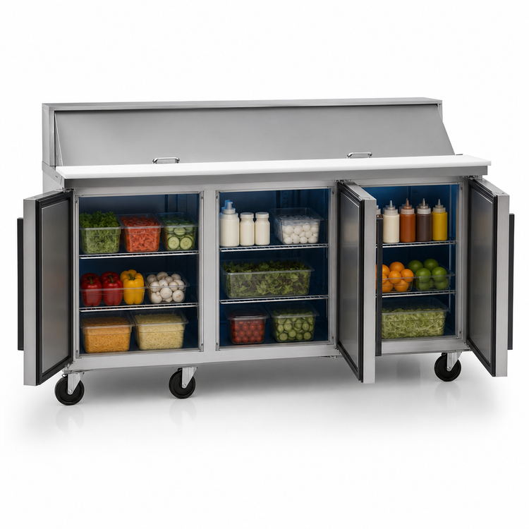 Product image #4 for Centerline by Traulsen 72-Inch Three-Section Compact Reach-In Prep Table Refrigerator with Left-Hinged Solid Doors