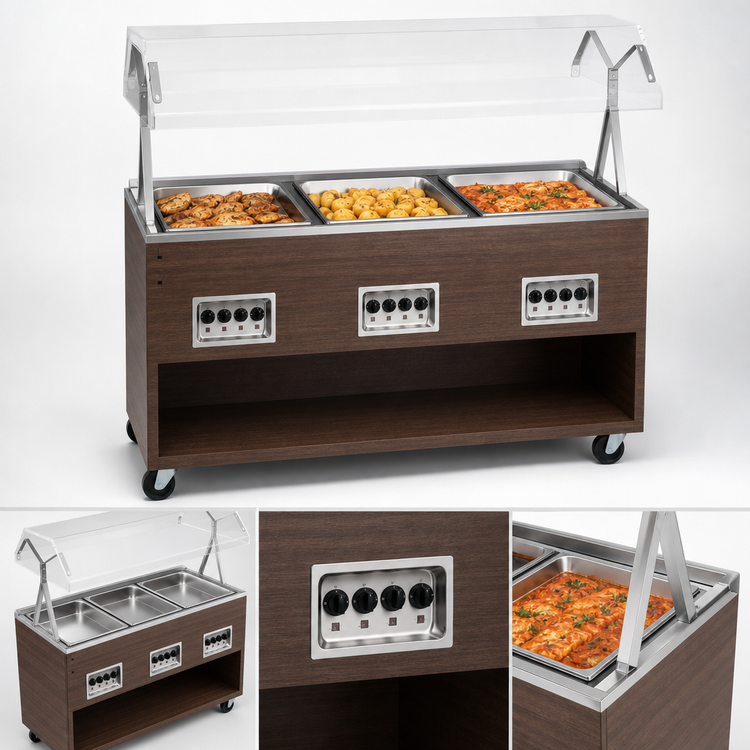 Product image #4 for Vollrath 2-Series Affordable Portable 3-Well Mobile Hot Food Station with Buffet Breath Guard, Open Storage Base, and Walnut Woodgrain Finish, 208-240V