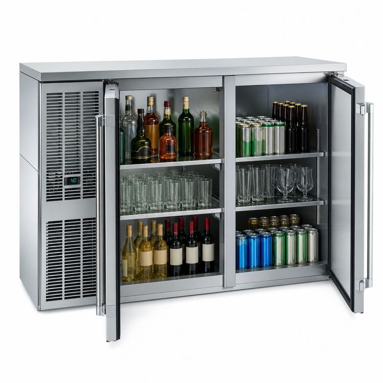 Product image #4 for 60-Inch Two-Section Self-Contained Back Bar Refrigerator with Stainless Steel Exterior and Solid Hinged Doors