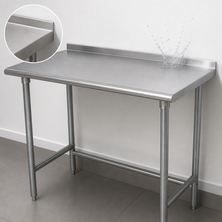 Product image #4 for Advance Tabco 108 Inch x 36 Inch 14-Gauge 304 Stainless Steel Open Base Work Table with 1-1/2 Inch Rear Upturn and Galvanized Legs