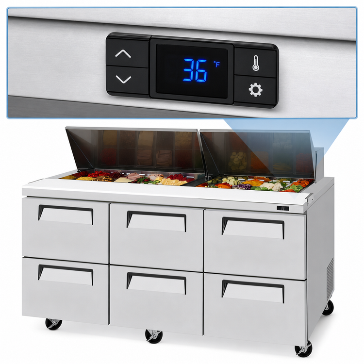 Product image #4 for Turbo Air Super Deluxe 72-5/8-Inch 3-Section 6-Drawer Sandwich/Salad Prep Table, 23 Cu. Ft., Stainless Steel, R290, 115V