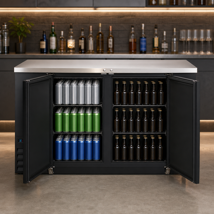 Product image #4 for Everest Refrigeration 49-Inch Two-Section Back Bar Refrigerator, 13 Cu. Ft., Self-Contained Side-Mounted, Stainless Steel Top