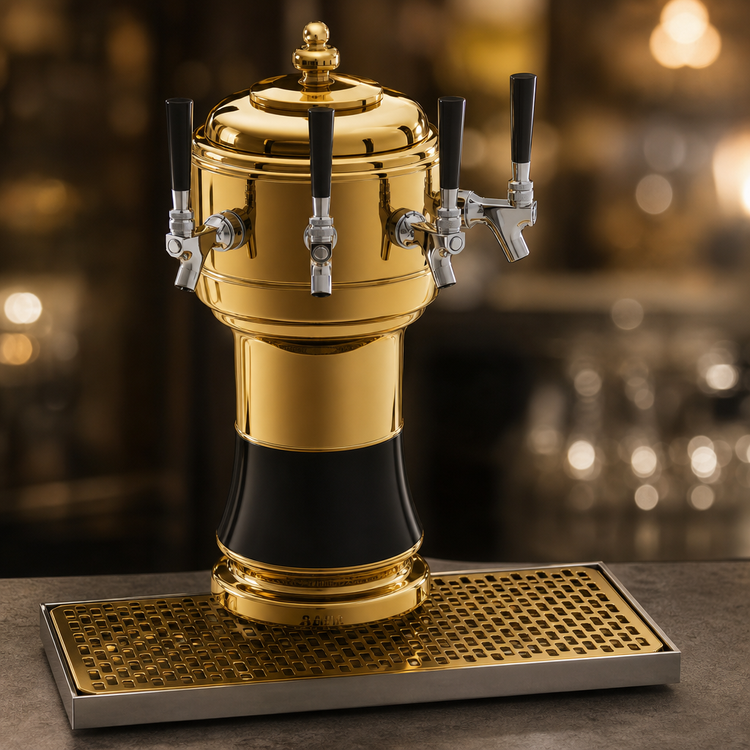 Product image #4 for Glastender Zeus 4-Faucet Countertop Draft Dispensing Tower with Surface-Mount Drain Pan, Polished Brass Finish