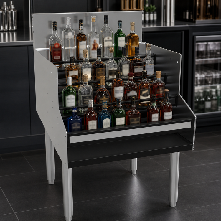 Product image #4 for Glastender 24"W x 29"D Free-Standing Stainless Steel Liquor Steps, 5-Step, with Clear Lift-Off Cover