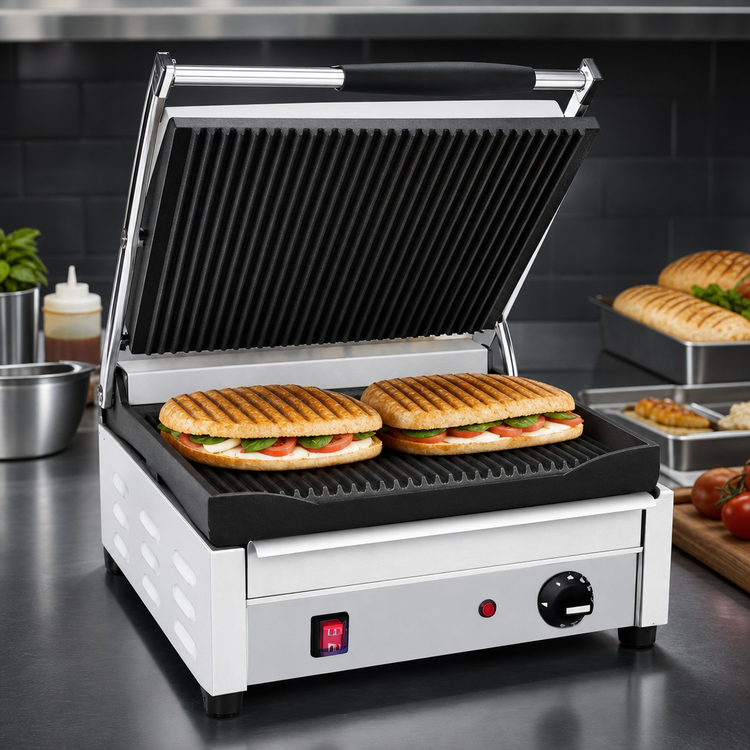 Product image #4 for Commercial Countertop Single Panini Press with Ribbed Top & Bottom Cast Iron Plates, 14 x 10 in., 240V