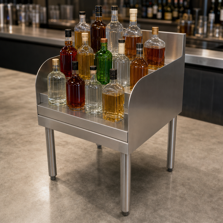Product image #5 for BK Resources 12-Inch Wide 4-Step Underbar Liquor Bottle Display Unit, Stainless Steel, 13-Bottle Capacity