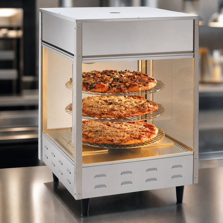 Product image #4 for Rotating 3-Tier Pizza Merchandiser Hot Food Display with 12-Inch Racks, Stainless Steel and Tempered Glass