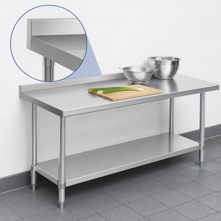 Product image #4 for Duke 84-Inch x 36-Inch 16-Gauge 400 Series Stainless Steel Work Table with 1-1/8-Inch Straight Riser and Galvanized Undershelf