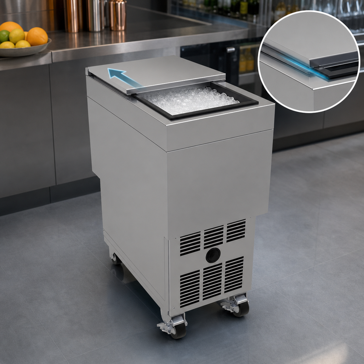 Product image #4 for Glastender Mobile Craft Ice Holding Freezer with Sliding Lid, 14"W x 24"D x 31-1/4"H, Self-Contained Refrigeration
