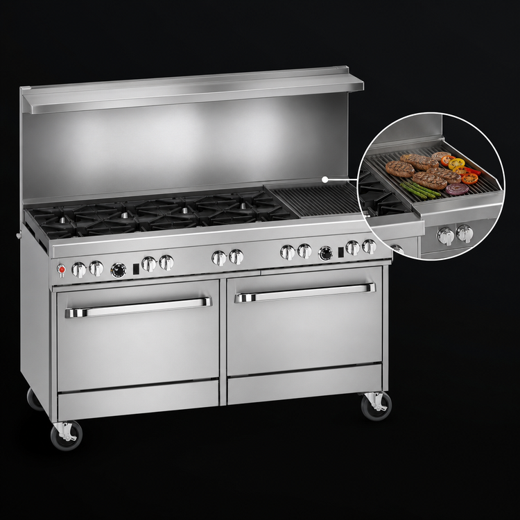 Product image #4 for Southbend Ultimate 60-Inch Gas Restaurant Range with 5 Open Burners, 24-Inch Charbroiler, and 2 Cabinets