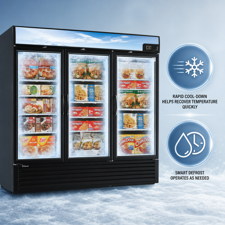 Product image #5 for Turbo Air Three-Section Glass Door Freezer Merchandiser, 58.45 Cu. Ft., Bottom Mount Self-Contained, 115V