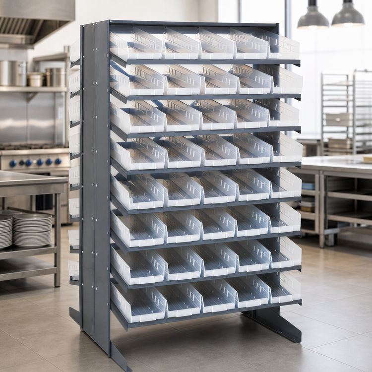 Product image #4 for Quantum Sloped Double-Sided Pick Rack with 16 Shelves and 80 Clear Bins