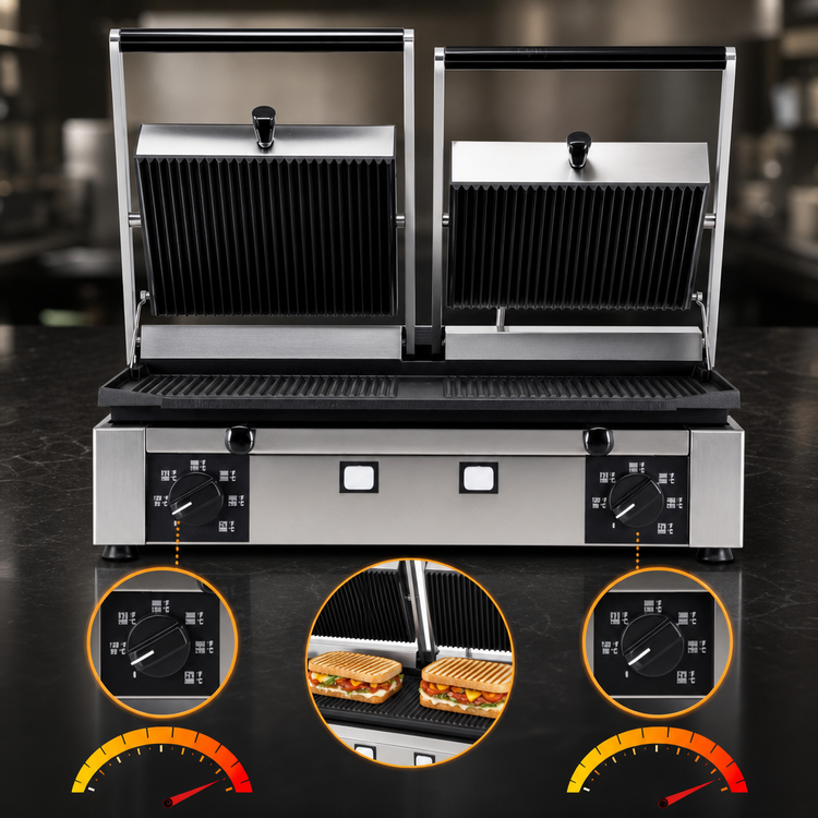 Product image #4 for Trento Double Countertop Panini Press Sandwich Grill, 10 x 19 Inch Cast Iron Ribbed Plates, 220V