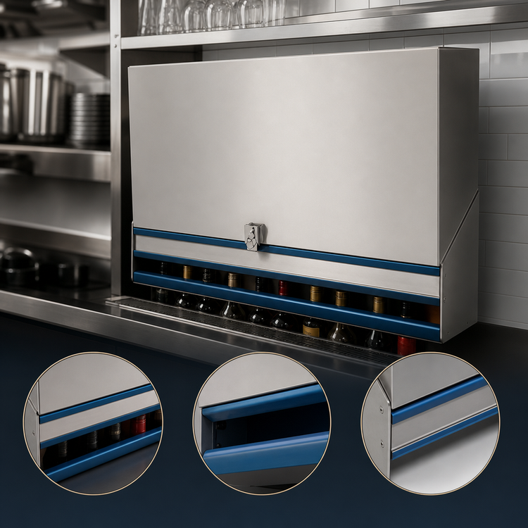 Product image #4 for Advance Tabco Prestige Single-Tier Stainless Steel Speed Rail with Locking Cover, 48 Inch, 12-Bottle Capacity