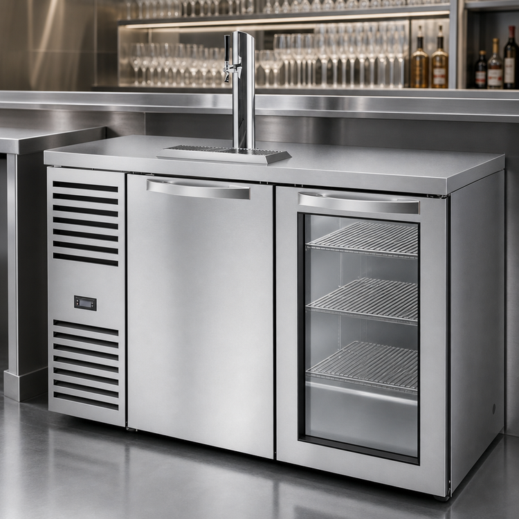 Product image #4 for True 52-Inch Two-Section Refrigerated Draft Bar Cooler with Stainless Steel Top, One Solid Door, One Glass Door, and Beer Tower