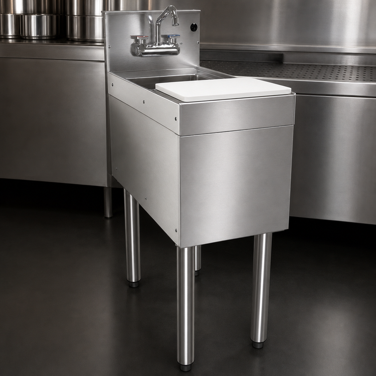 Product image #4 for Glastender 12-Inch Wide x 24-Inch Deep Free-Standing Stainless Steel Underbar Mixology Unit with Sink, Faucet, and Cutting Board