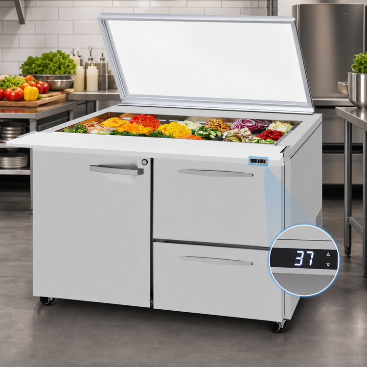 Product image #5 for Turbo Air PRO Series Mega Top Sandwich/Salad Prep Table with Glass Lid, 48.25-Inch, 15 Cu. Ft., 2-Section, 18-Pan, 2 Drawers, 1 Door