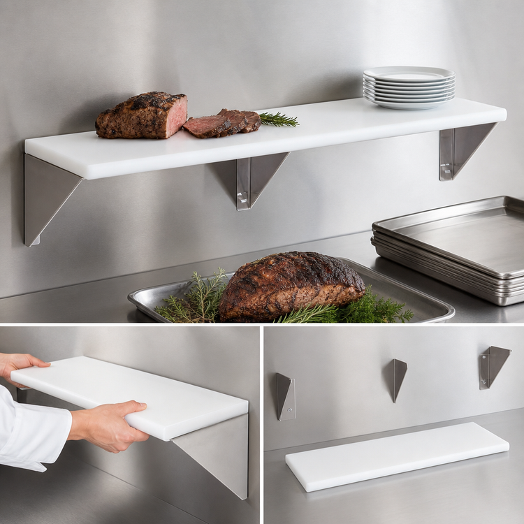 Product image #4 for Advance Tabco Triumph (Supreme) Stainless Steel Carving Station Shelf with Removable 3/8 Inch White Poly Cutting Board, 62-7/16 Inch x 10 Inch