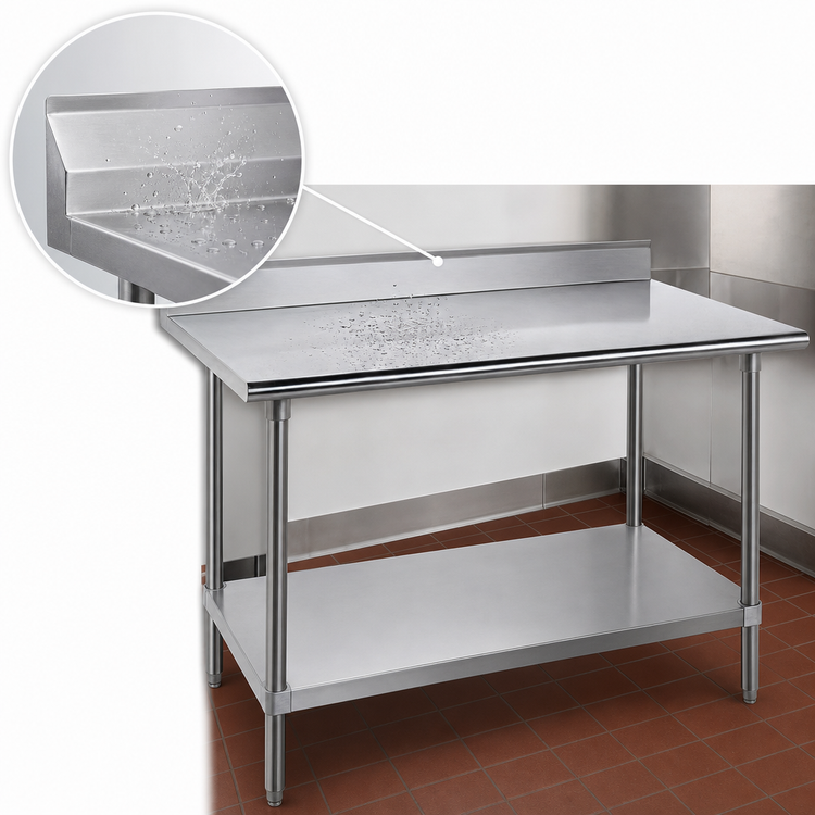 Product image #4 for Advance Tabco 108" x 36" 14-Gauge 304 Stainless Steel Work Table with 5" Backsplash and Adjustable Galvanized Undershelf