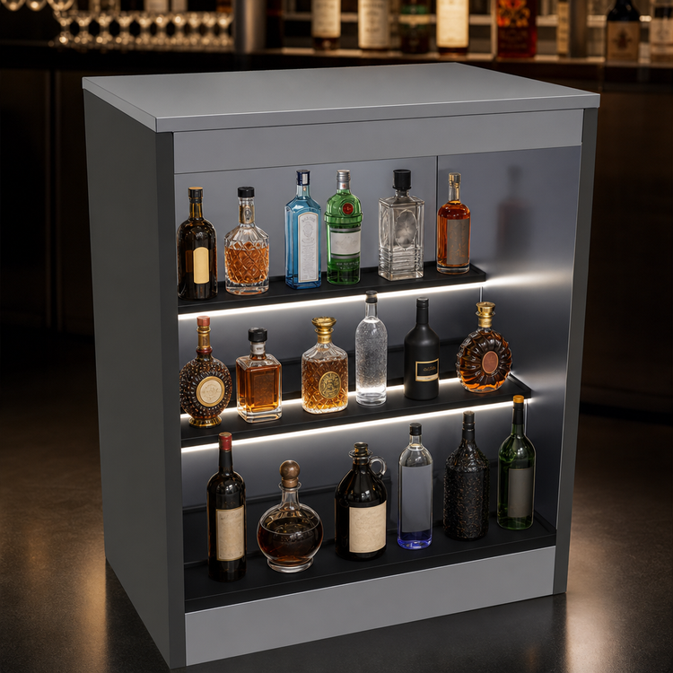 Product image #4 for Glastender 30-Inch Open Front Back Bar Liquor Display Cabinet with 3-Step ABS Shelves and LED Lighting
