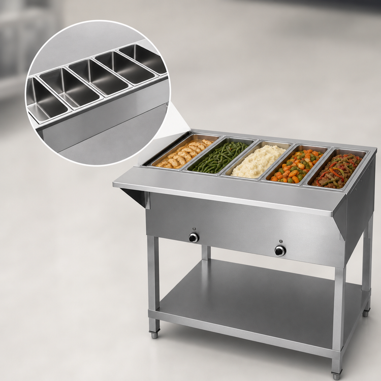 Product image #4 for Klinger's Trading Stationary 5-Pan Sealed Well Electric Steam Table with Open Shelf Base