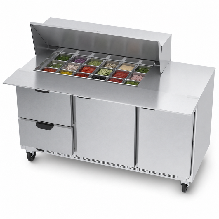 Product image #5 for Beverage-Air 72-Inch Three-Section Mega Top Refrigerated Prep Table with 18-Pan Top, 2 Doors, and 2 Drawers