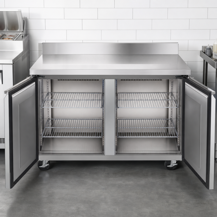 Product image #4 for Omcan USA 60-Inch Two-Section Worktop Refrigerator With Backsplash, 15 Cu. Ft., 2 Solid Doors, Stainless Steel