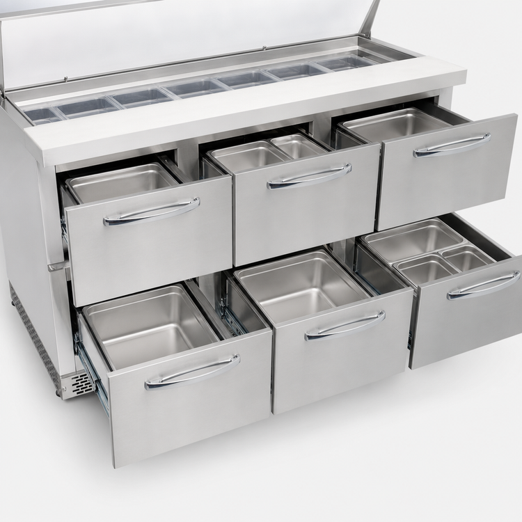 Product image #4 for Continental Refrigerator Designer Line Mighty Top 72" 3-Section Refrigerated Sandwich Prep Table with Drawers