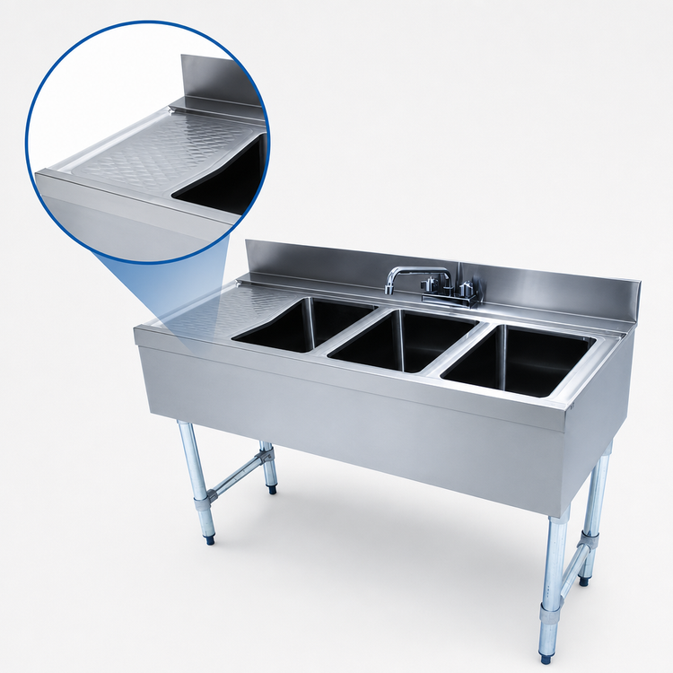 Product image #4 for Advance Tabco Underbar Basics 48-Inch 3-Compartment Stainless Steel Bar Sink Unit with Left Drainboard and Deck-Mount Faucet