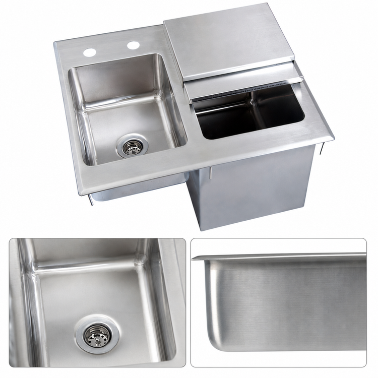 Product image #4 for BK Resources Drop-In Ice Bin with Sink, Right-Side Bin, Sliding Lid, Stainless Steel, 21 x 18 Inches