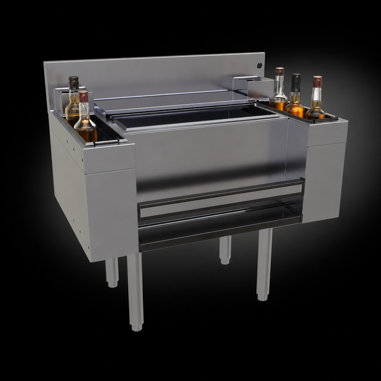 Product image #4 for Glastender Casino Style Underbar Combo Ice Bin and Cocktail Station with Bottle Wells and 10-Circuit Cold Plate, 36 Inch