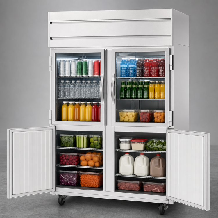 Product image #4 for Beverage-Air Cross Temp Top-Mounted Two-Section Reach-In Convertible Refrigerator/Freezer, 4 Hinged Half-Glass Doors
