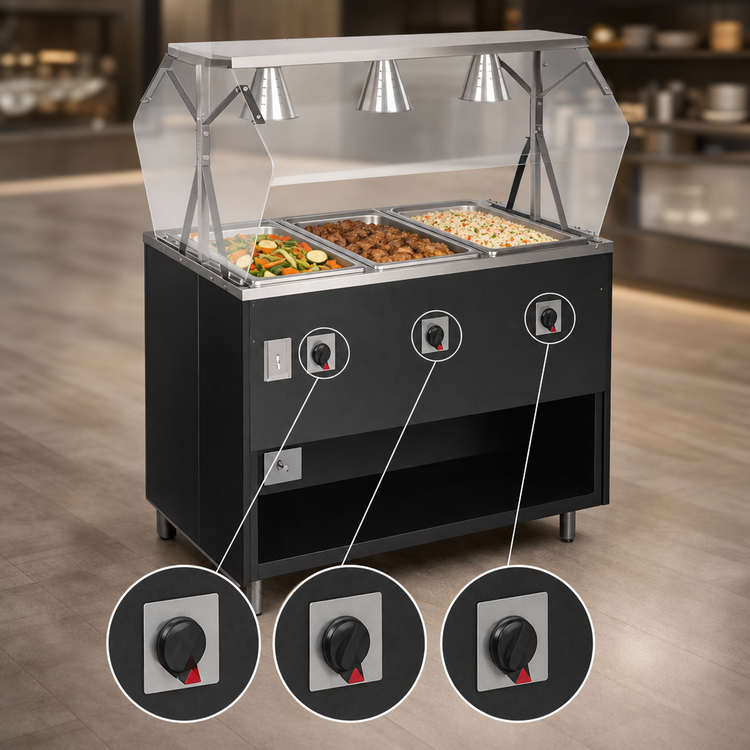 Product image #4 for Vollrath 2-Series Affordable Portable 3-Well Hot Food Station with Lighted Buffet Breath Guard and Open Storage Base