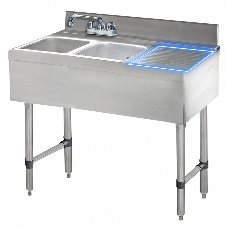 Product image #4 for Advance Tabco Underbar Basics 2-Compartment Stainless Steel Bar Sink Unit with Right Drainboard and Deck-Mount Faucet