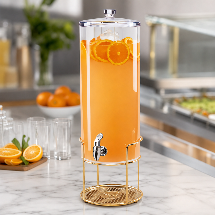Product image #4 for Cal-Mil Single Round 5 Gallon Acrylic Beverage Dispenser with Infusion Chamber, Drip Tray, and Brass Wire Base